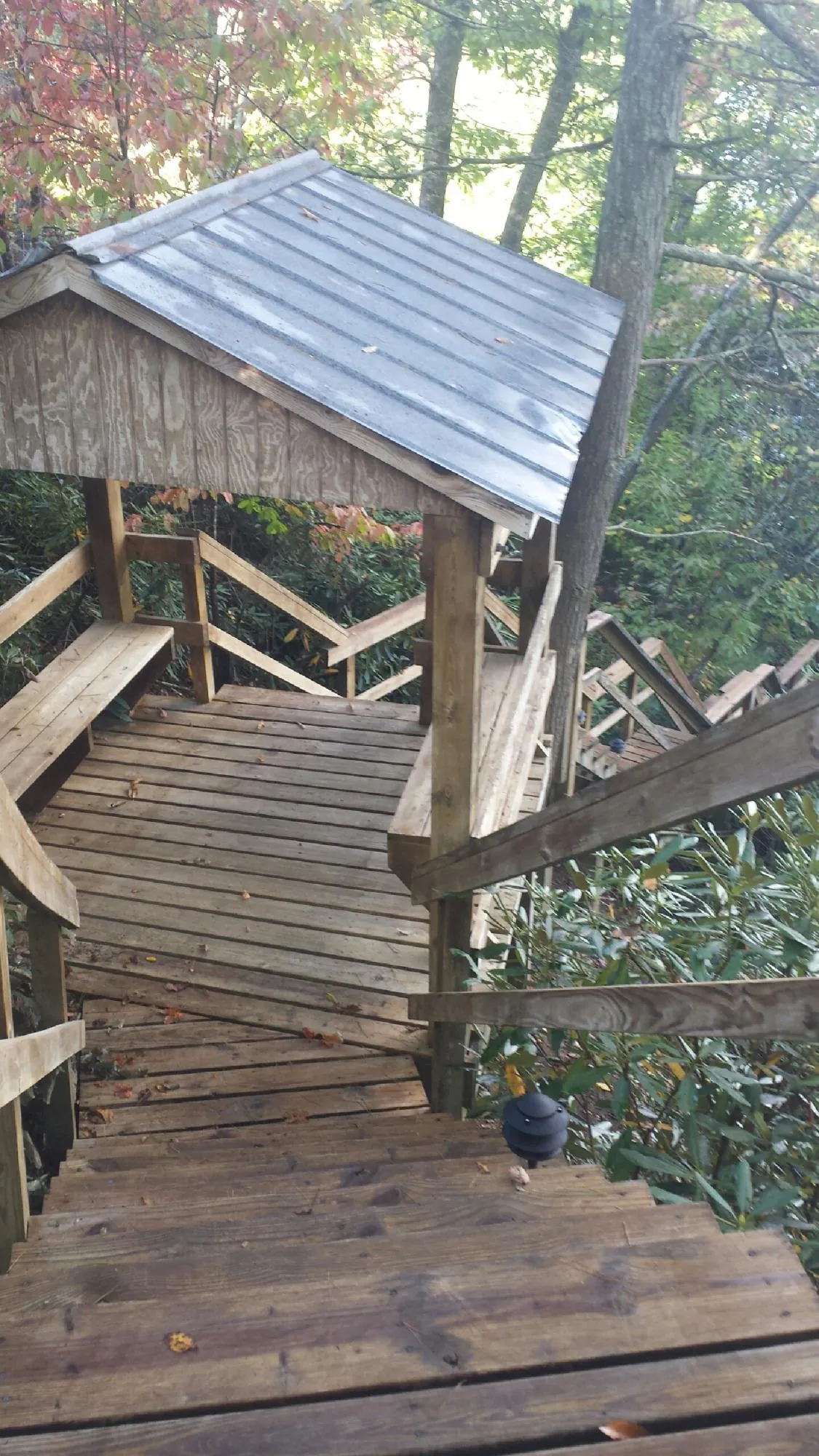Metal roofed shelter over wooden steps on a wooded walkway — Skylight Repair & Installation work by our crew in Warrior
